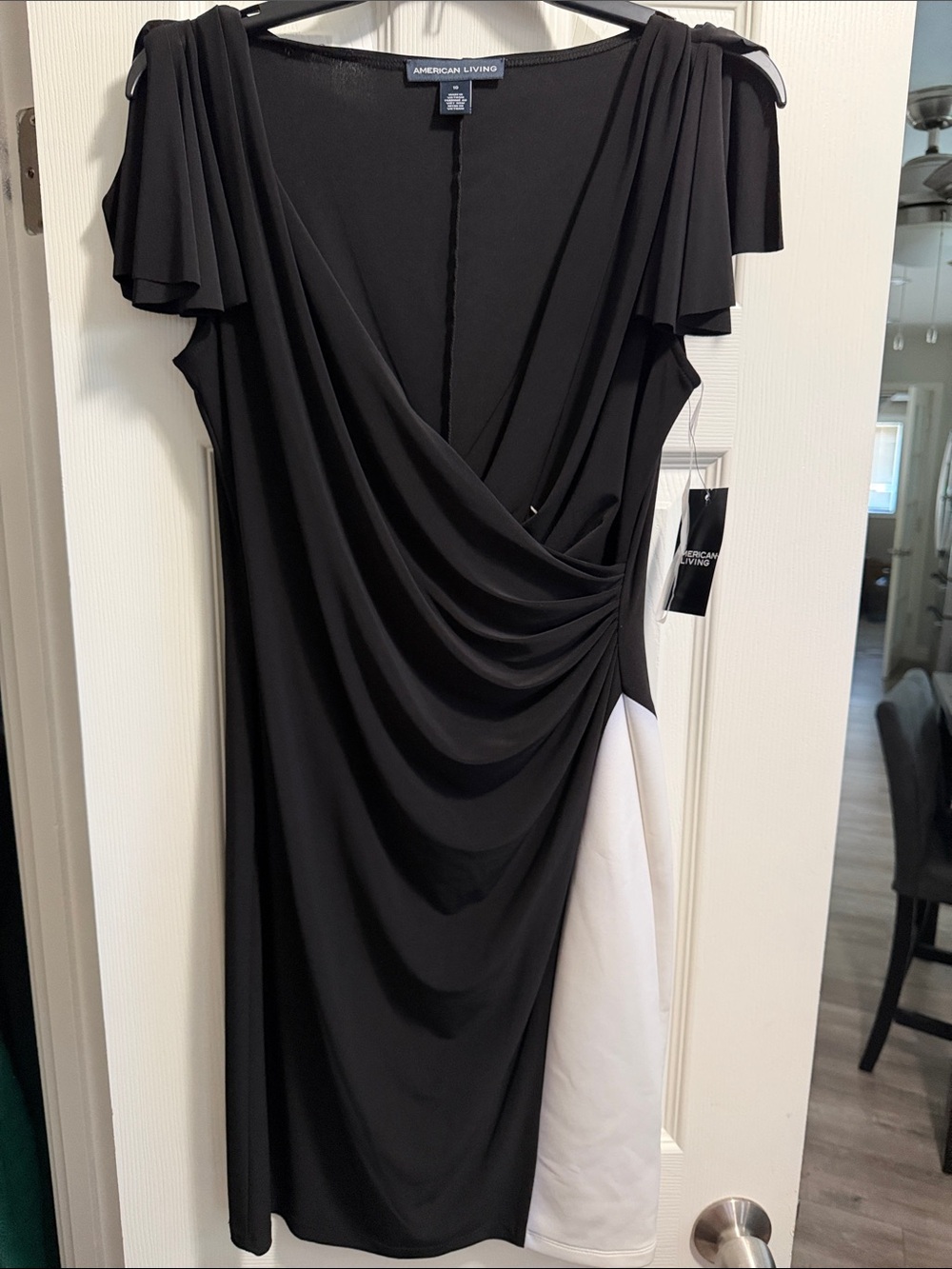 American Living Black and White Draped V-Neck Midi Dress with Flutter Sleeves